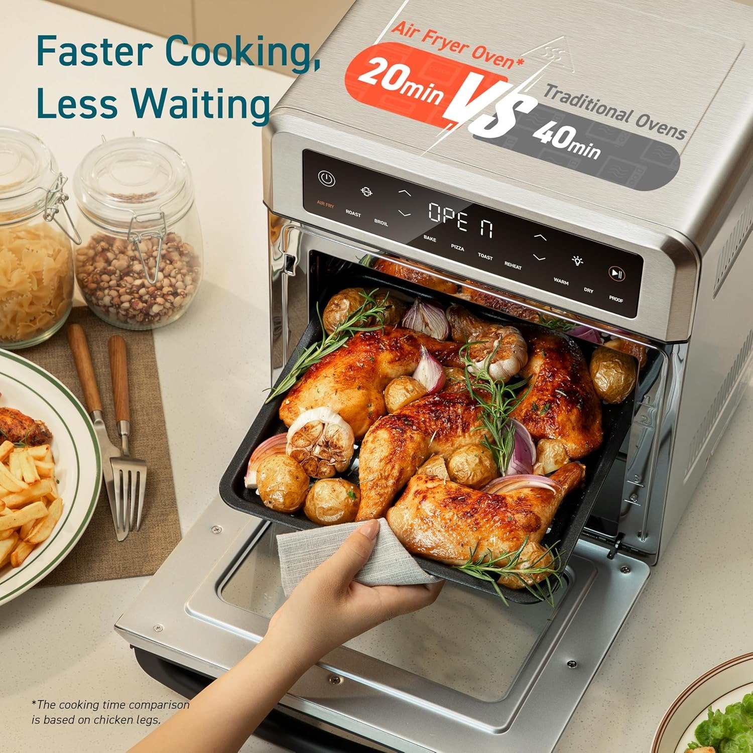 13QT 11-in-1 Air Fryer Oven, Rotisserie/Toast/Bake, Dual Heating, Silver Stainless Steel