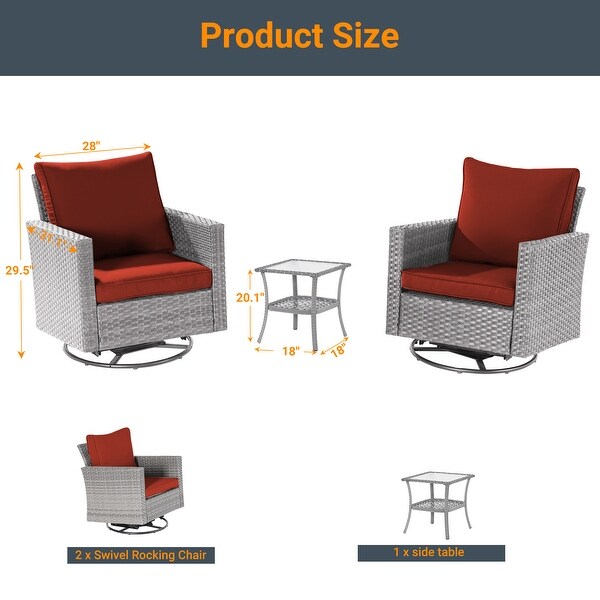 LIVOOSUN 3Piece Patio Sofa Set Gray Rattan Swivel Rocking Chair Glass Table