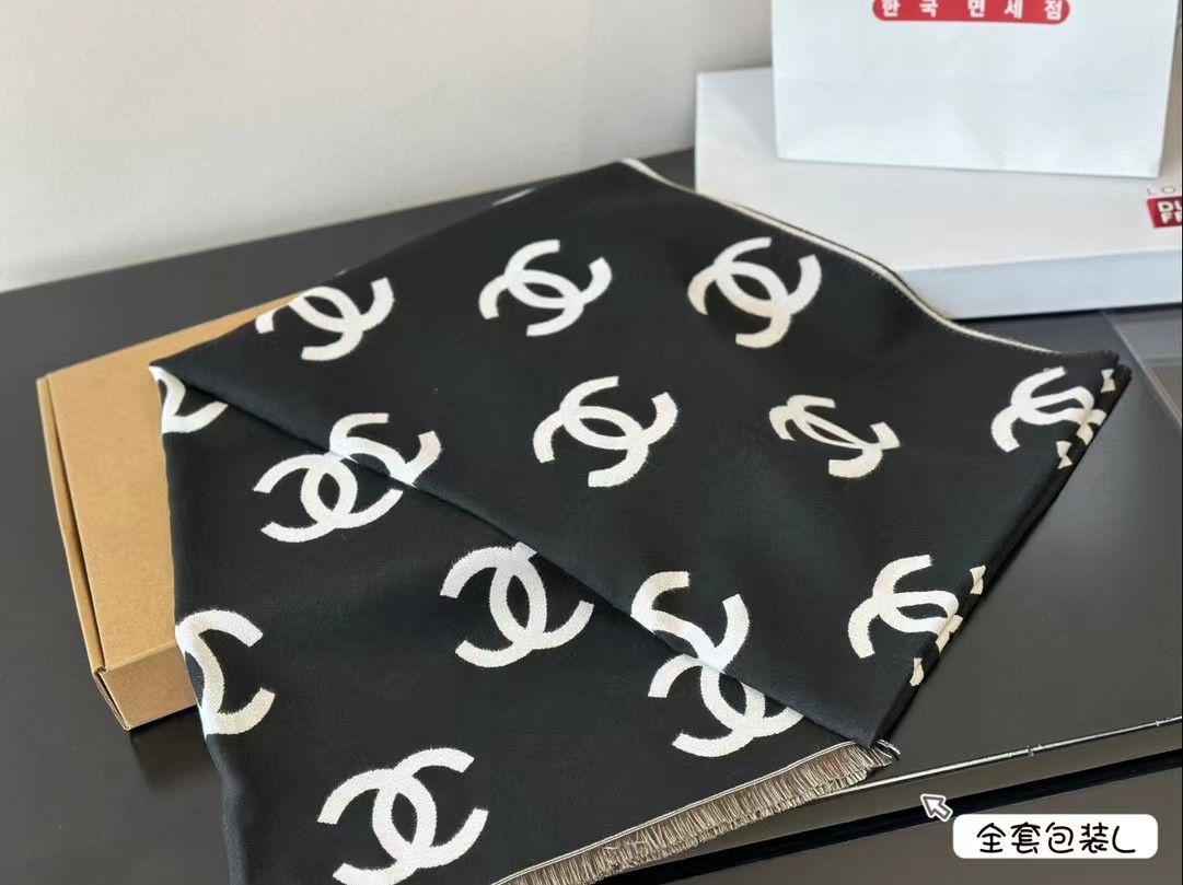 Chanel Black & White CC Logo Wool Blend Scarf - cnluxepick