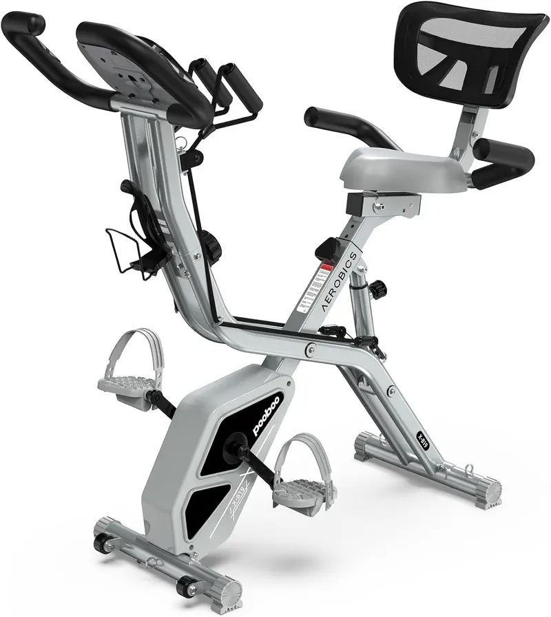 pooboo Foldable Magnetic Exercise Bike – 8-Level Resistance Upright Indoor Cycling Trainer with Back Support & Bottle Holder