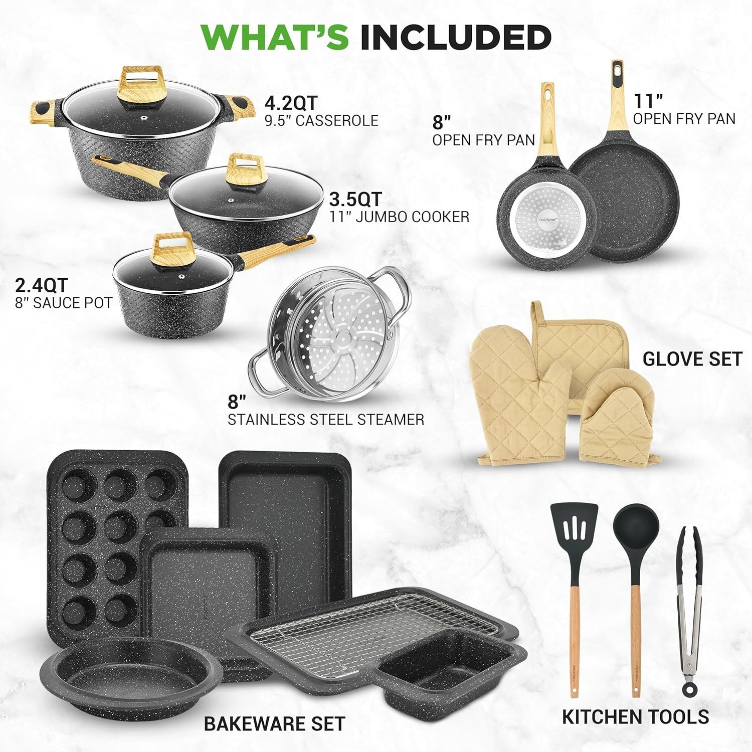 22-Piece Black Marble Non-Stick Cookware & Bakeware Set Induction Compatible Dishwasher Safe