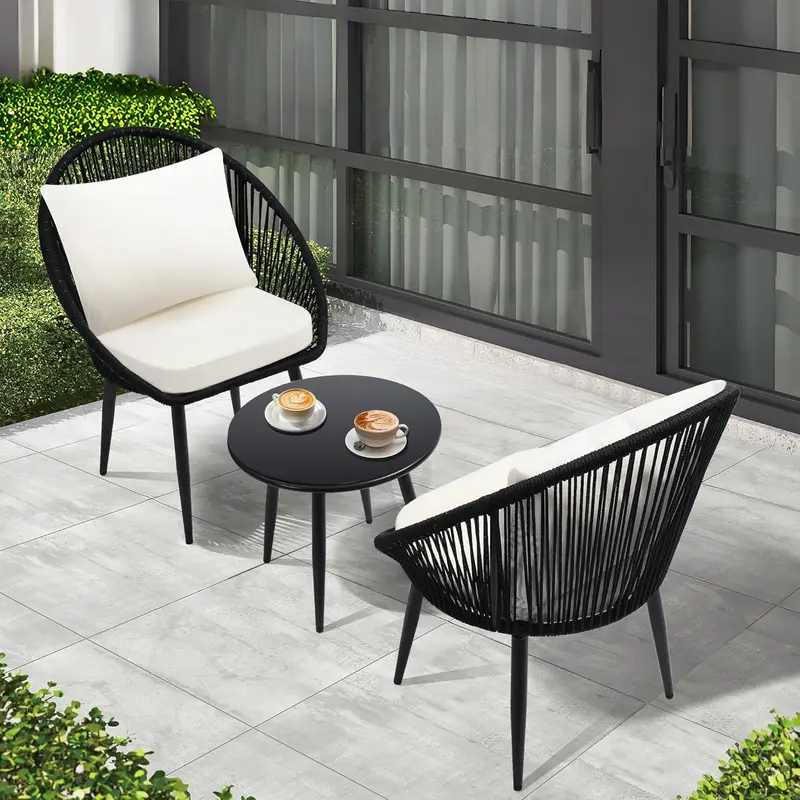 Three-Piece Rope-Woven Patio Bistro Set – Cushioned Chairs and Side Table for Small Spaces