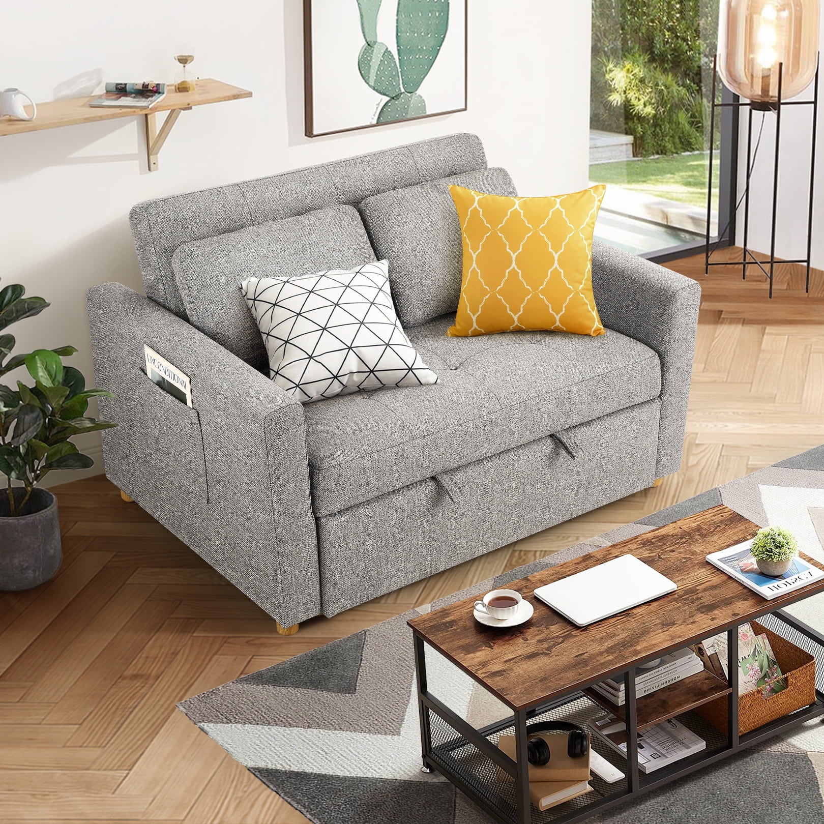 SEJOV Pull Out Sofa Bed 2 Seater Loveseats, Convertible Linen Sleeper Sofa Bed for Small Space with Adjsutable Backrest & Spring Support, Gray