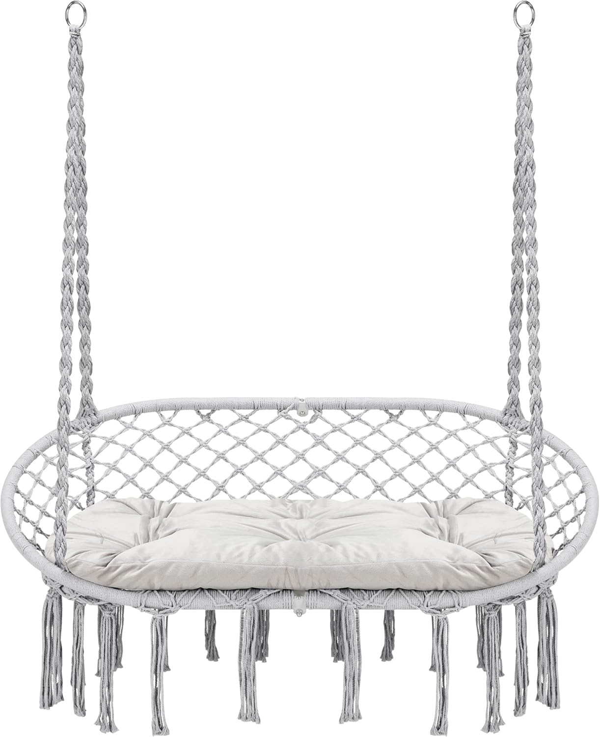 Hammock Chair Macrame Hanging Swing with Cushion,Hanging Cotton Ropes, Metal Frame, 450 lbs Capacity Indoor Outdoor, Patio, Balcony, Living,Deck, Yard, Garden(Double Swing) Beige