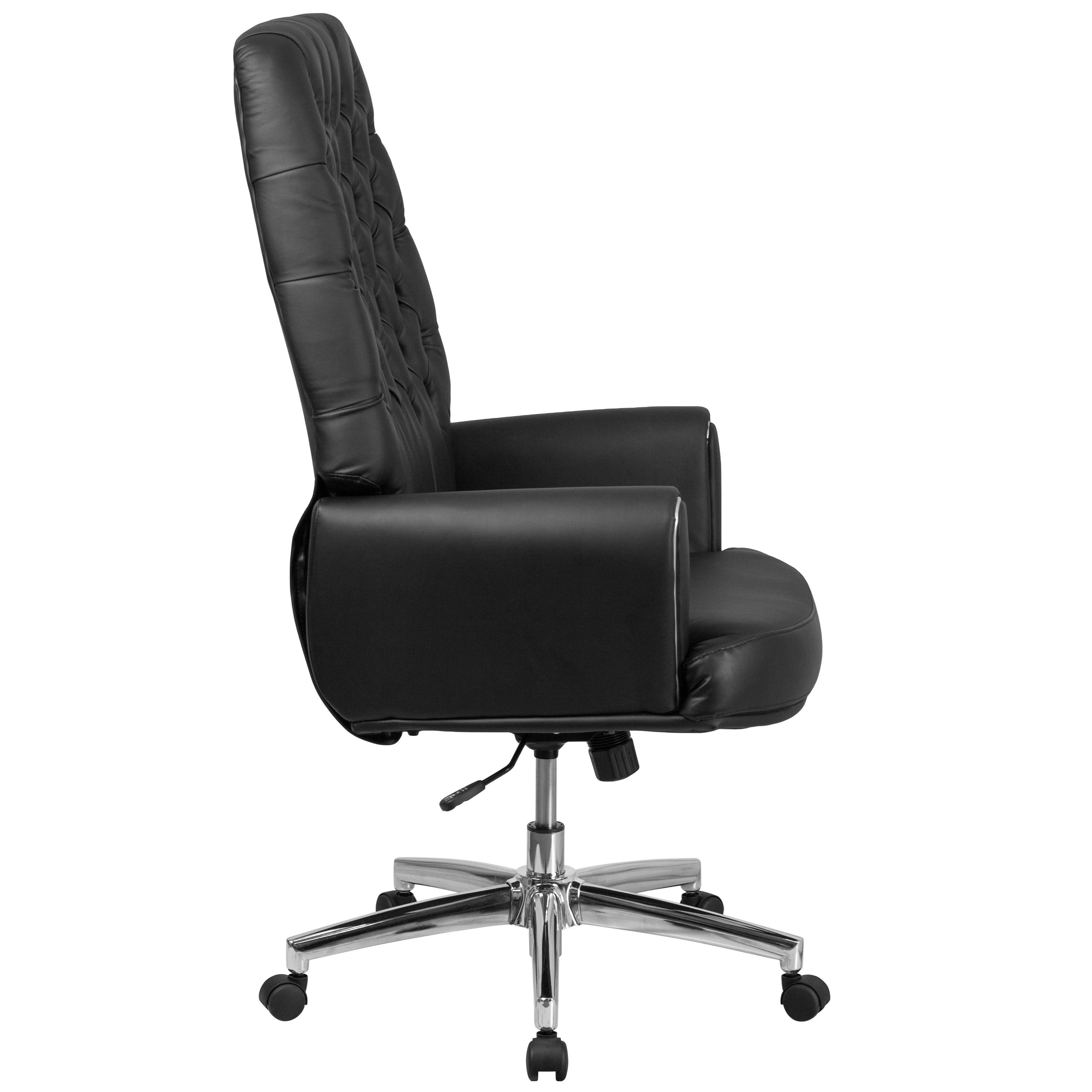 High Back Traditional Tufted Black Leather Executive Swivel Office Chair with Silver Welt Arms