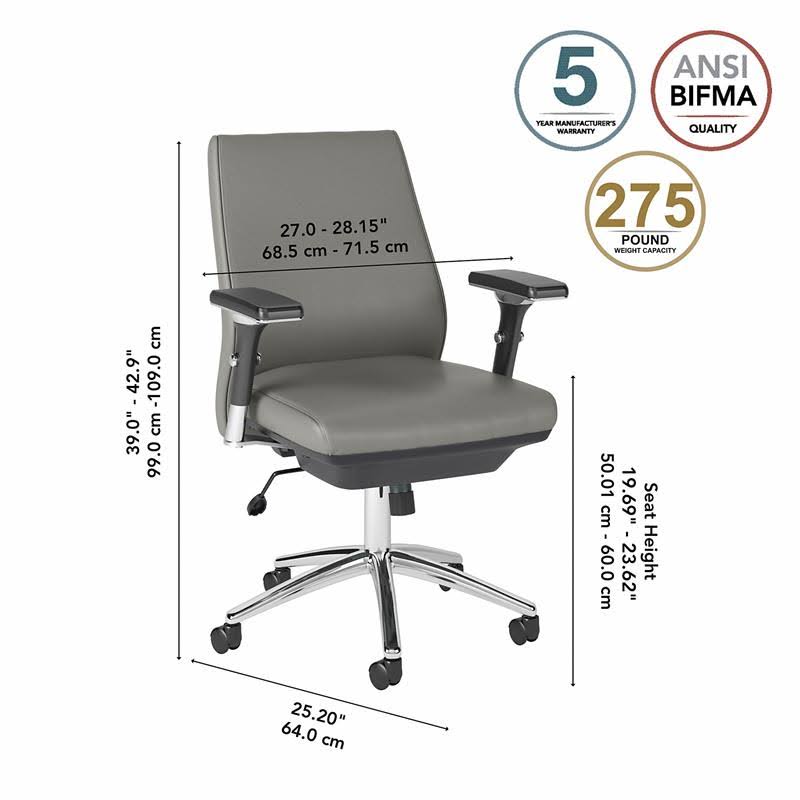 Office by Kathy Ireland Method Mid Back Leather Executive Chair in Light Gray - Bush Furniture MTCH1602LGL-Z