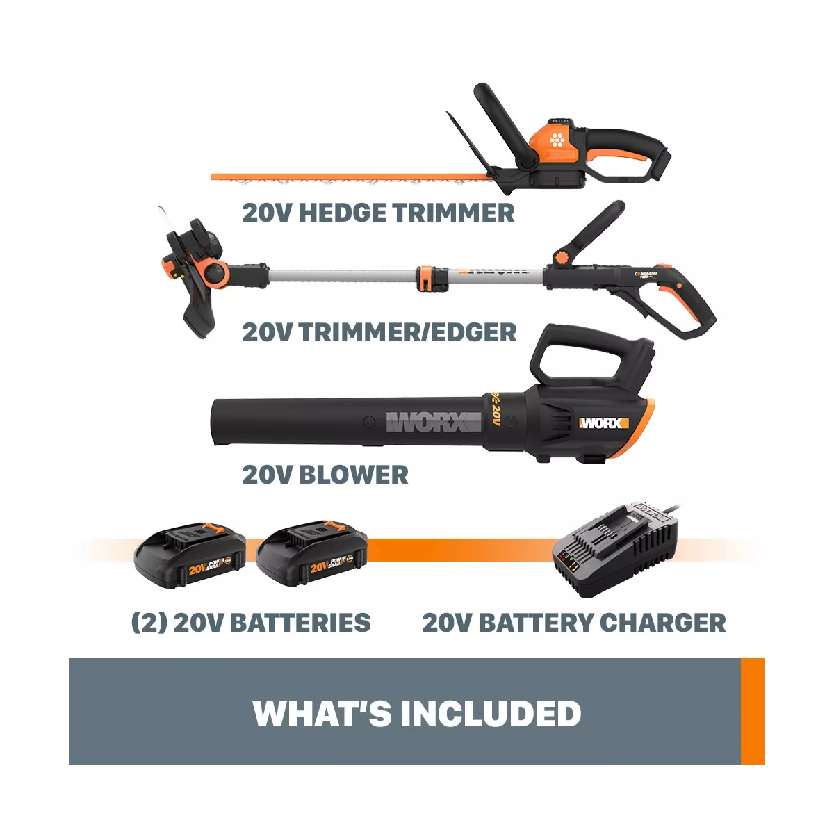 Worx WG931 Power Share 20V Cordless Grass Trimmer, Hedge Trimmer, & Blower Combo (Batteries and Charger Included)