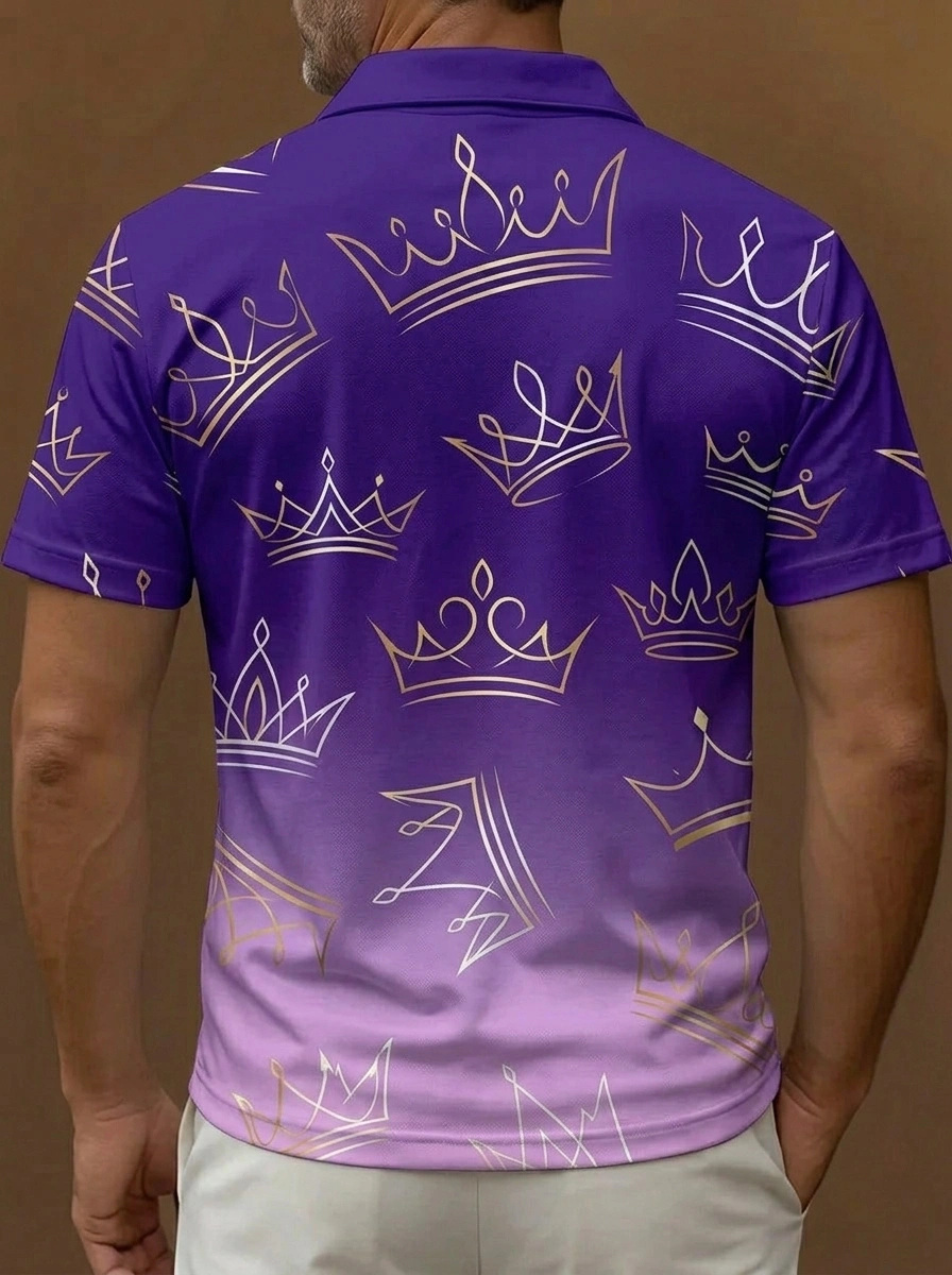Purple Gradient Gold Crown Print Short Sleeve Golf Polo Shirt