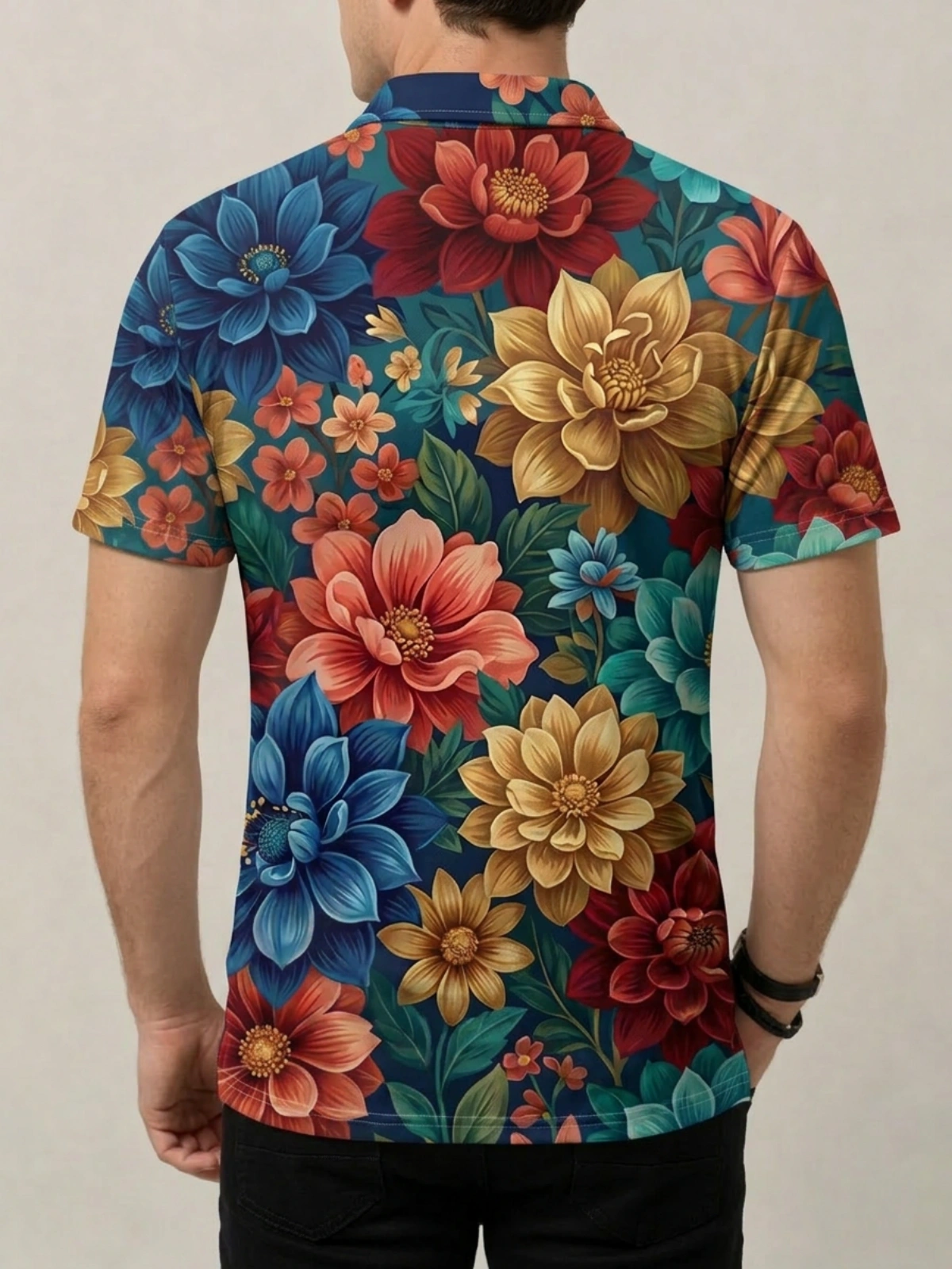 Teal Red Gold Tropical Floral Print Short Sleeve Golf Polo Shirt