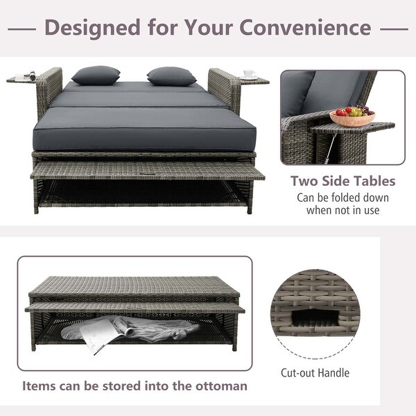 Costway Wicker Loveseat Sofa Set Patio Rattan Daybed with Ottoman and