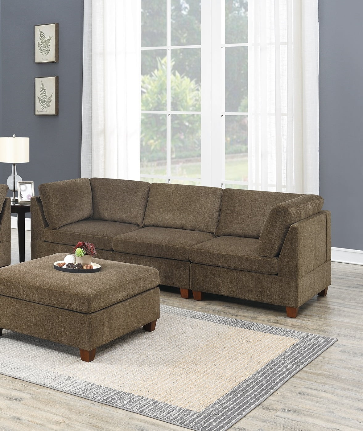 CoSoTower Living Room Furniture Tan Chenille Modular Sectional 7Pc Set Modular Sofa Set Couch 3X Corner Wedge 3X Armless Chairs and 1X Ottoman Plywood
