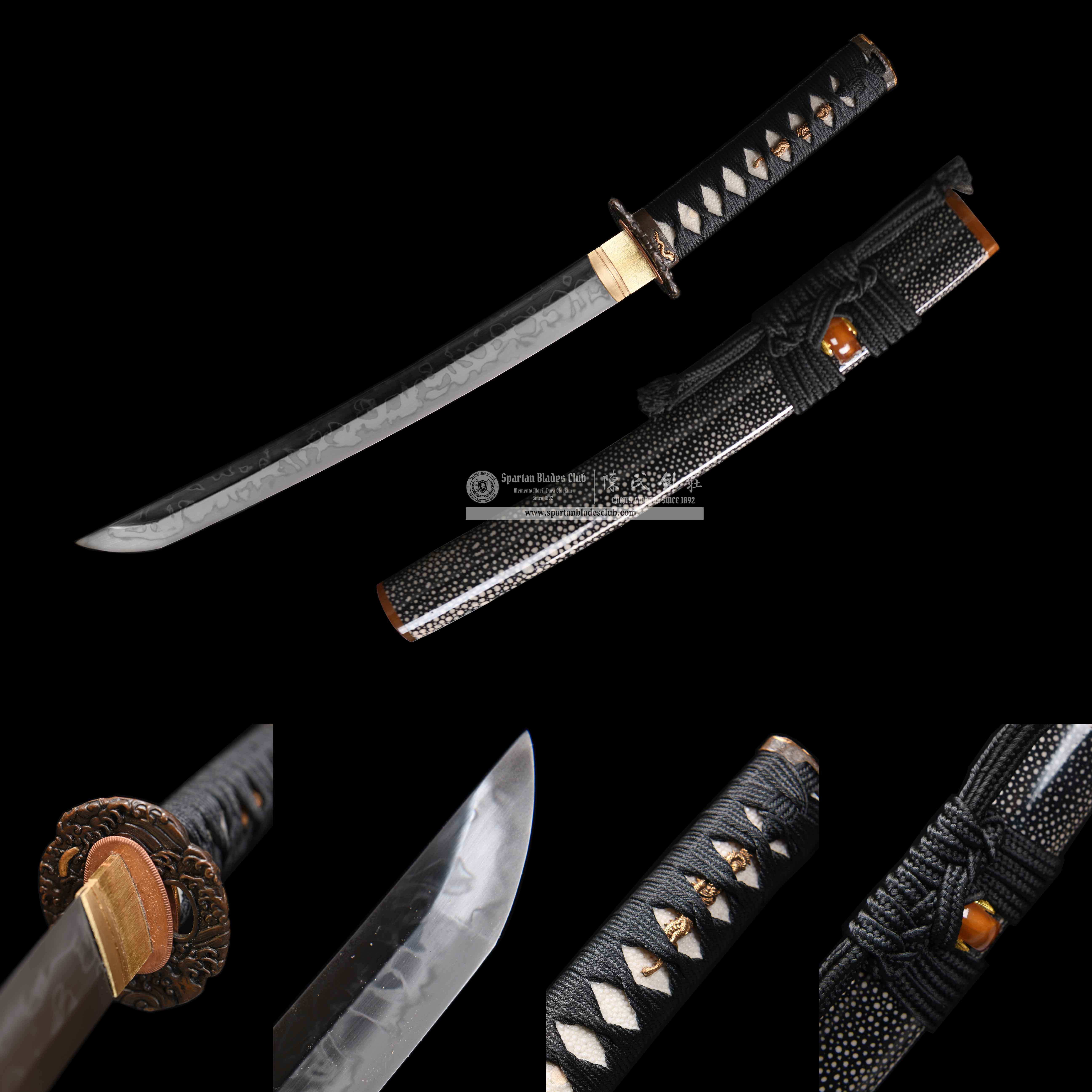 HY156 | YuBo Blade | Tanto | T10 Steel Clay-tempered | Hitatsura Hamon | Real Hamon | Ray skin | Black | Battle-Ready | Full-tang | Spartan Blades Club | CHEN'S SWORDS 1892 - Spartan Blades Club - 陳氏劍莊1892