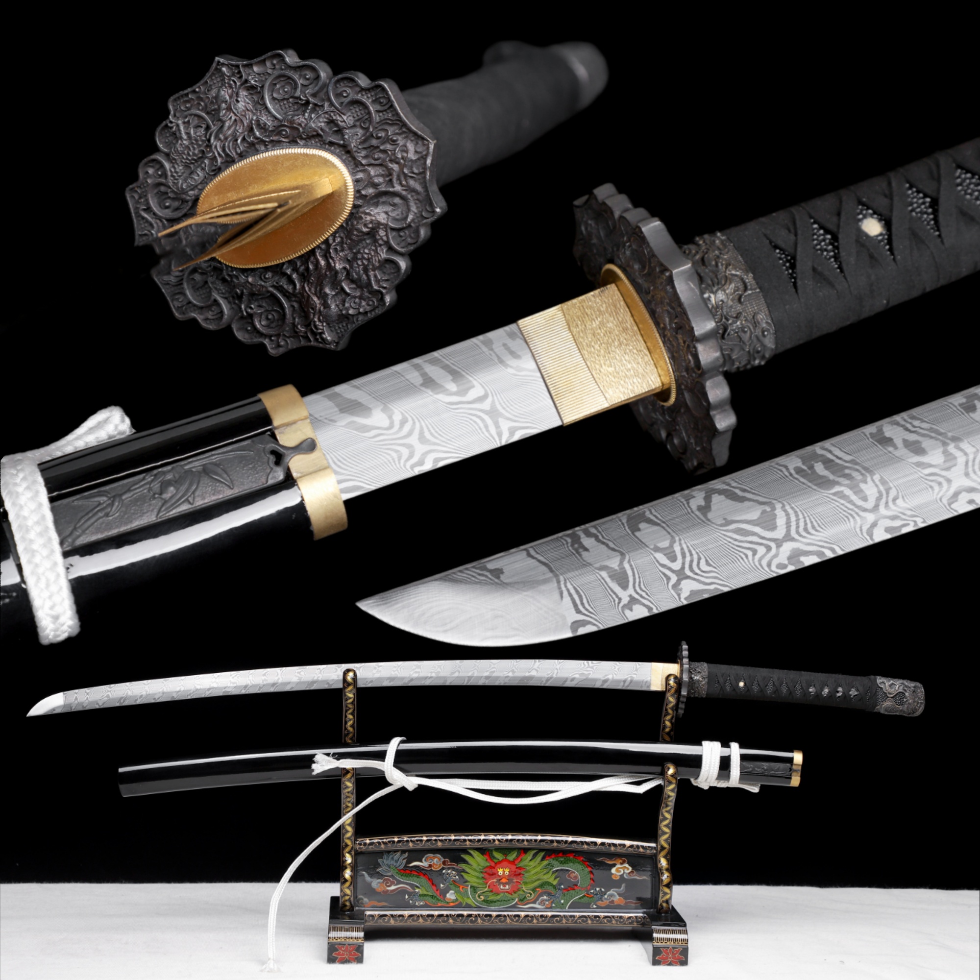 Handmade Katana Damascus Twisted Steel Silver Dragon Kozuka Kogai