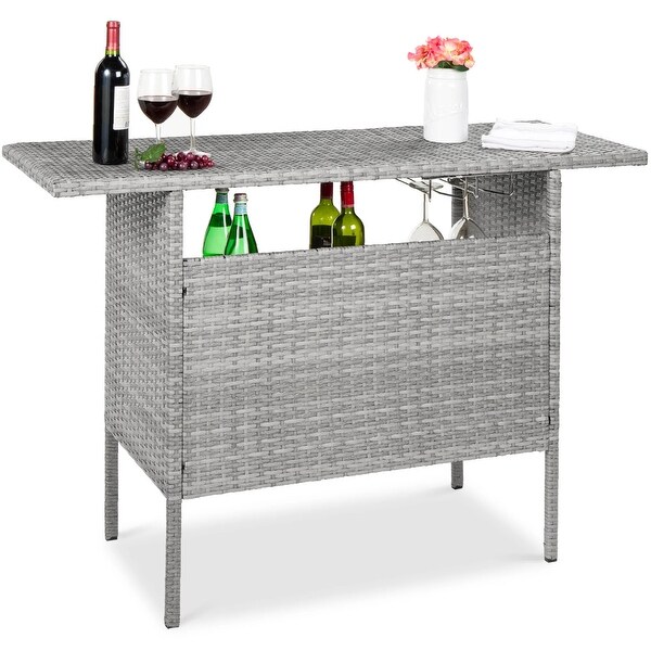 Outdoor Wicker Bar Counter Table w/ 2 Steel Shelves,2 Rails