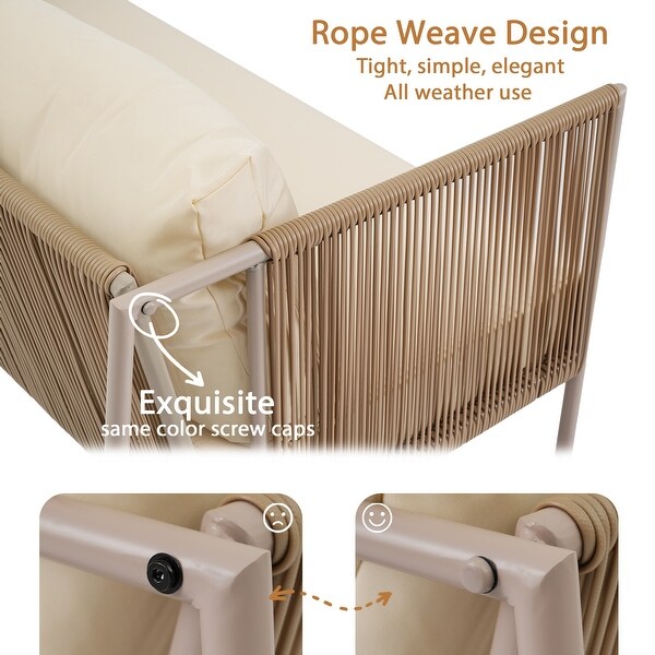 4Piece Rope Sofa Conversation Sets with Cushions and Table