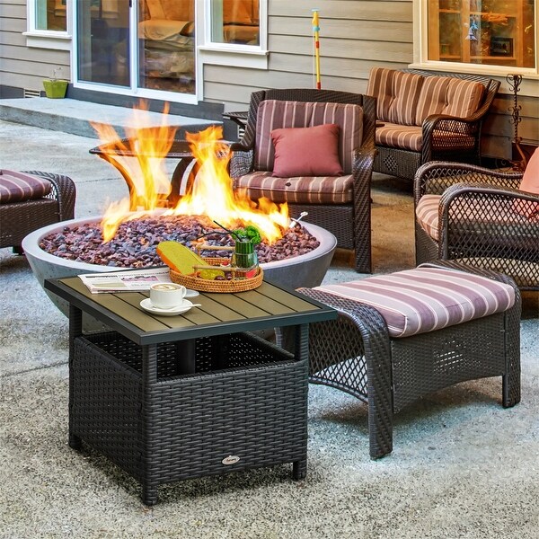 Outsunny Rattan Wicker Side Table w/Steel Frame,Umbrella Insert Hole