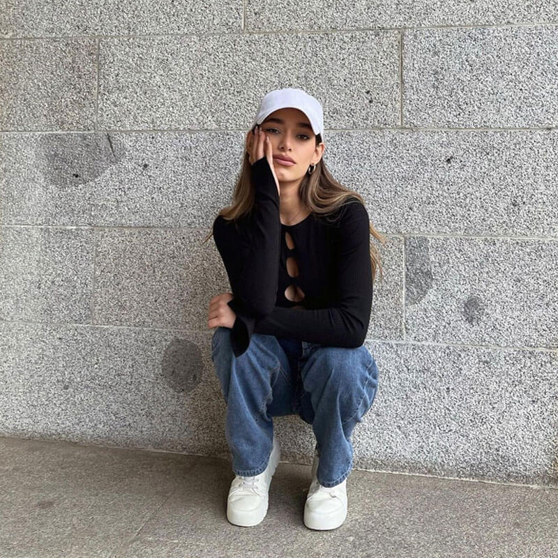 Cut Out Crop Top | Ribbed Knit Long Sleeve TopClistos