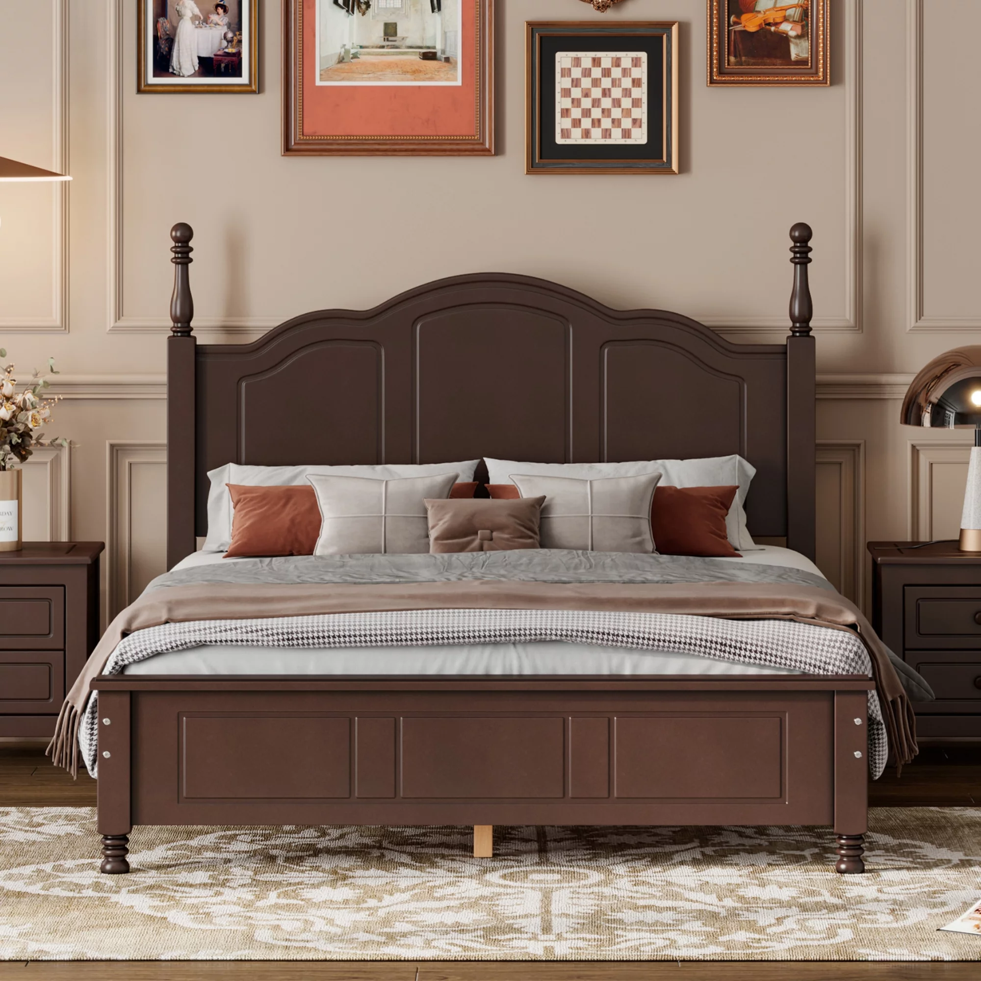 Momspeace Full Size Platform Bed, Retro Style Wooden Full Bed Frame Slat Support, Walnut