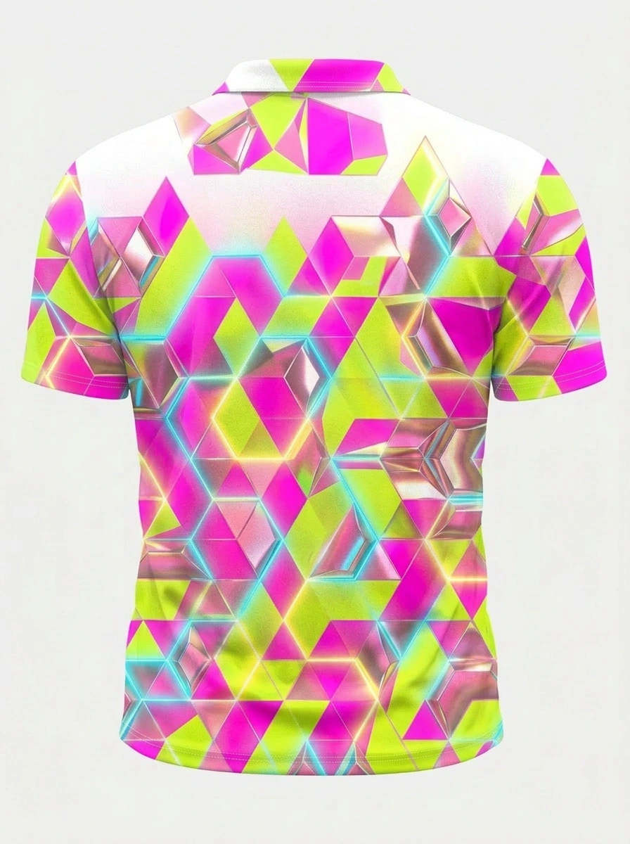 Moisture Wicking Golf Polo 3D White Pink Green Geometric Neon Button Short Sleeve Golf Polo Shirt