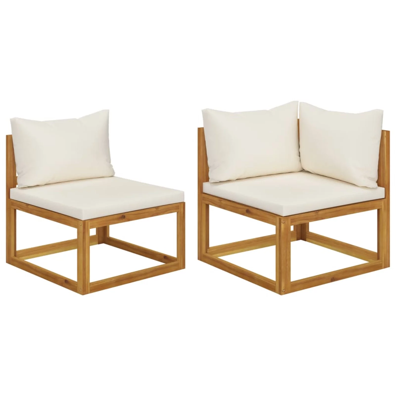 Dcenta 2 Piece Sofa Set Corner Sofa with Middle Sofa and White Cushions Outdoor Acacia Wood Patio Sectional Sofas for Garden, Poolside, Backyard, Balcony, Lawn Furniture