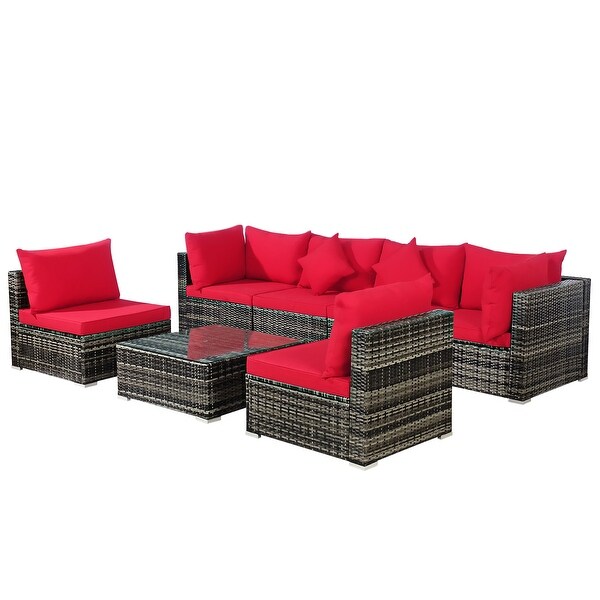 7PCS Patio Rattan Furniture Set Sectional Sofa Garden Cushion