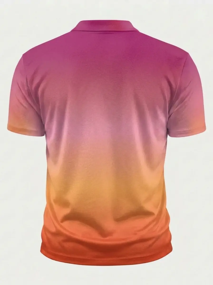 Moisture Wicking Golf Polo 3D Pink to Orange Ombre Gradient Button Short Sleeve Golf Polo Shirt