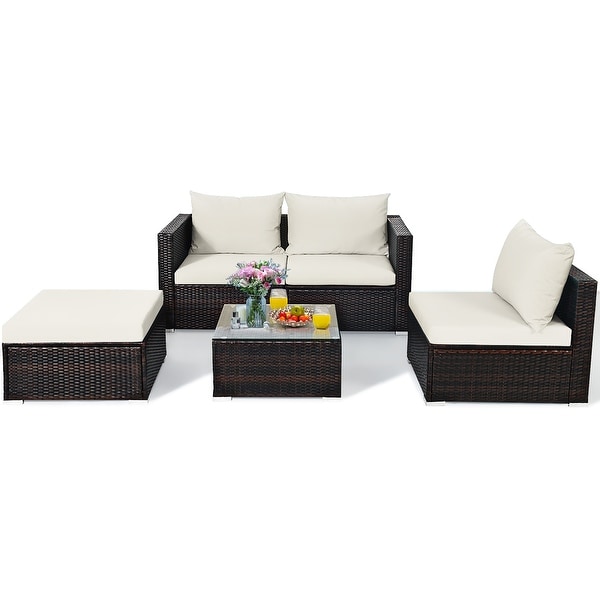 5PCS Patio Rattan Furniture Set Sectional Conversation Sofa w/ Coffee