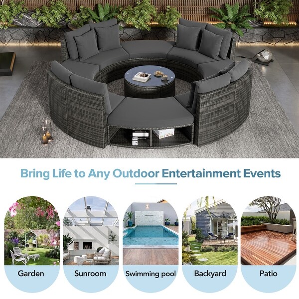 Circular Sectional Spacious Rattan Wicker Patio Furniture Set with Tempered Glass Coffee Table and 6 Pillows