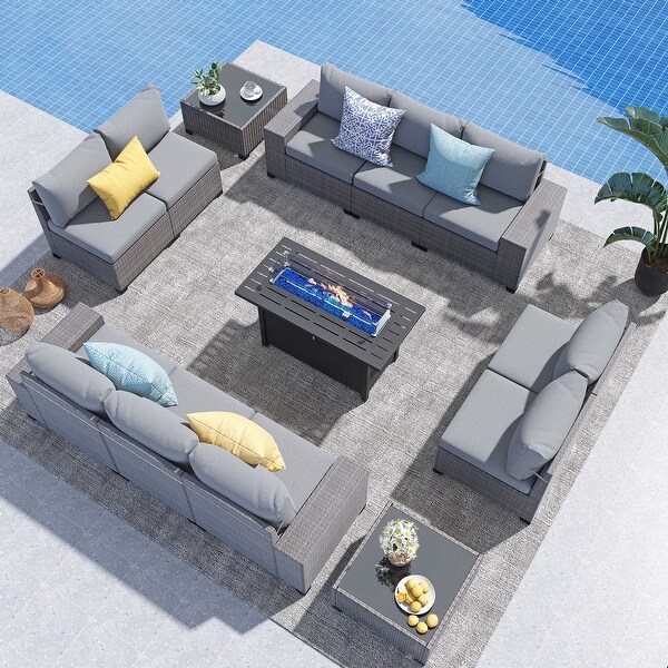 13Piece 10 Person Patio Free Combination Wicker Conversation Set With Waterproof Cushions and Firepit Table