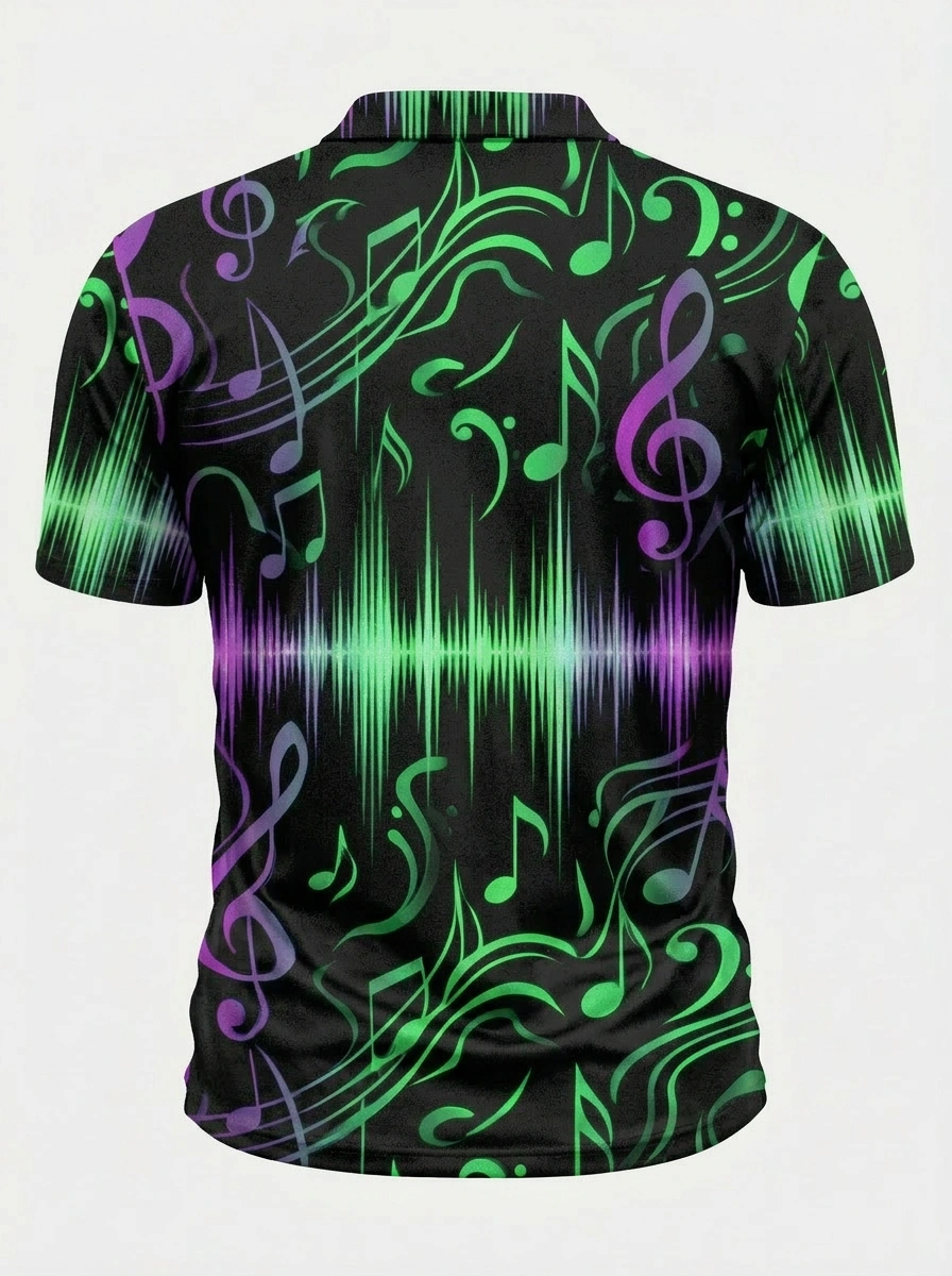 Moisture Wicking Golf Polo 3D Black Green Purple Music Waveform Button Short Sleeve Golf Polo Shirt