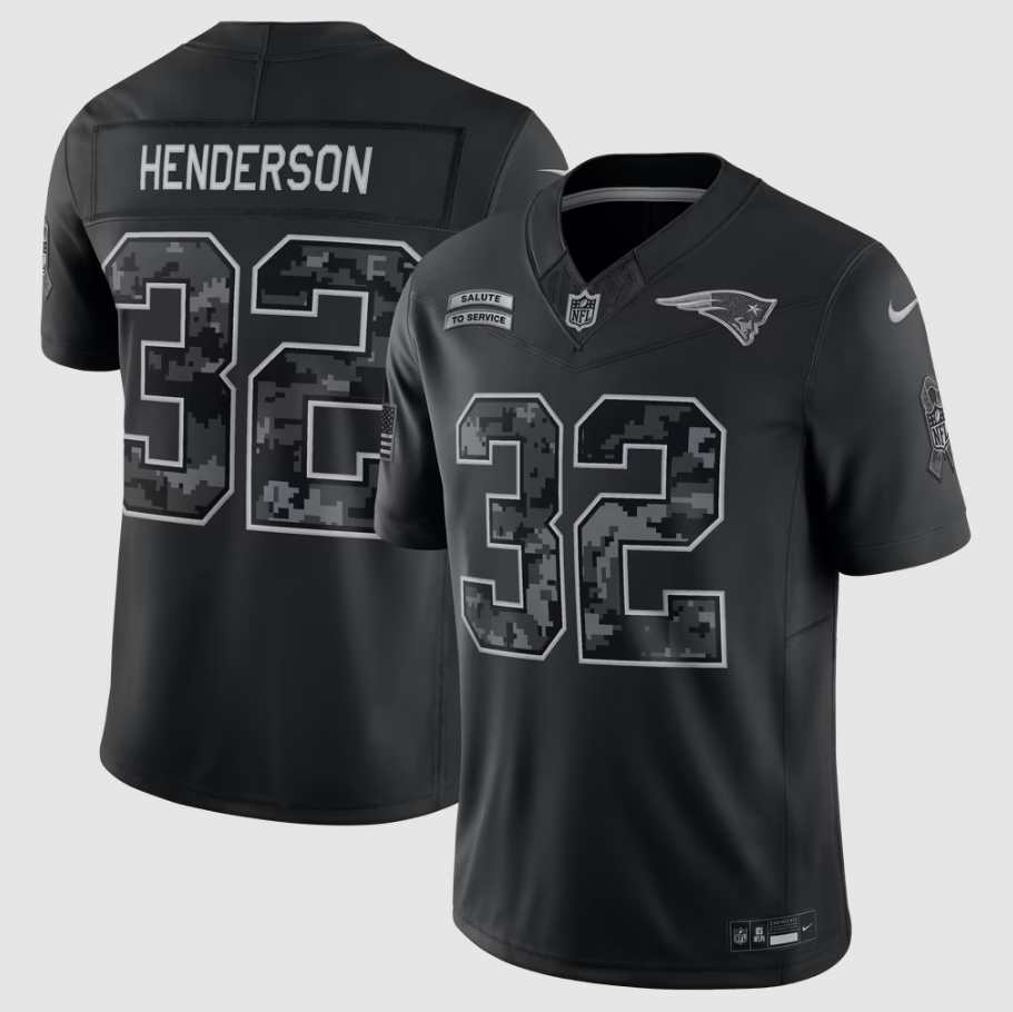 Men's New England Patriots TreVeyon Henderson #32 Black 2026 Salute to Service Stitched Limited Jersey