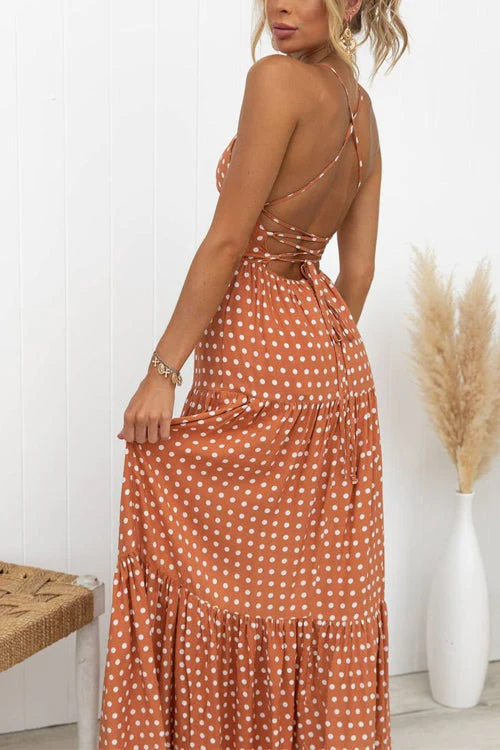 Lace-Up Back Polka Dot Maxi DressClistos