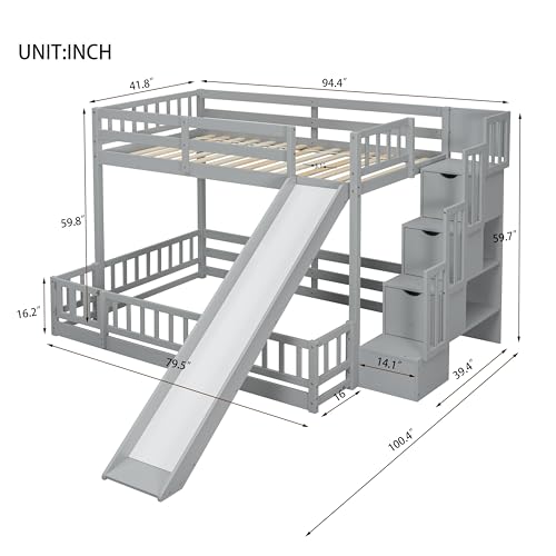 Twin Over Full Bunk Beds with Slide and Stairs, Low Bunk Bed Frame with Rails, Convertible Wood Bunk Bed with Storage Staircase for Kids Boys Girls, Gray