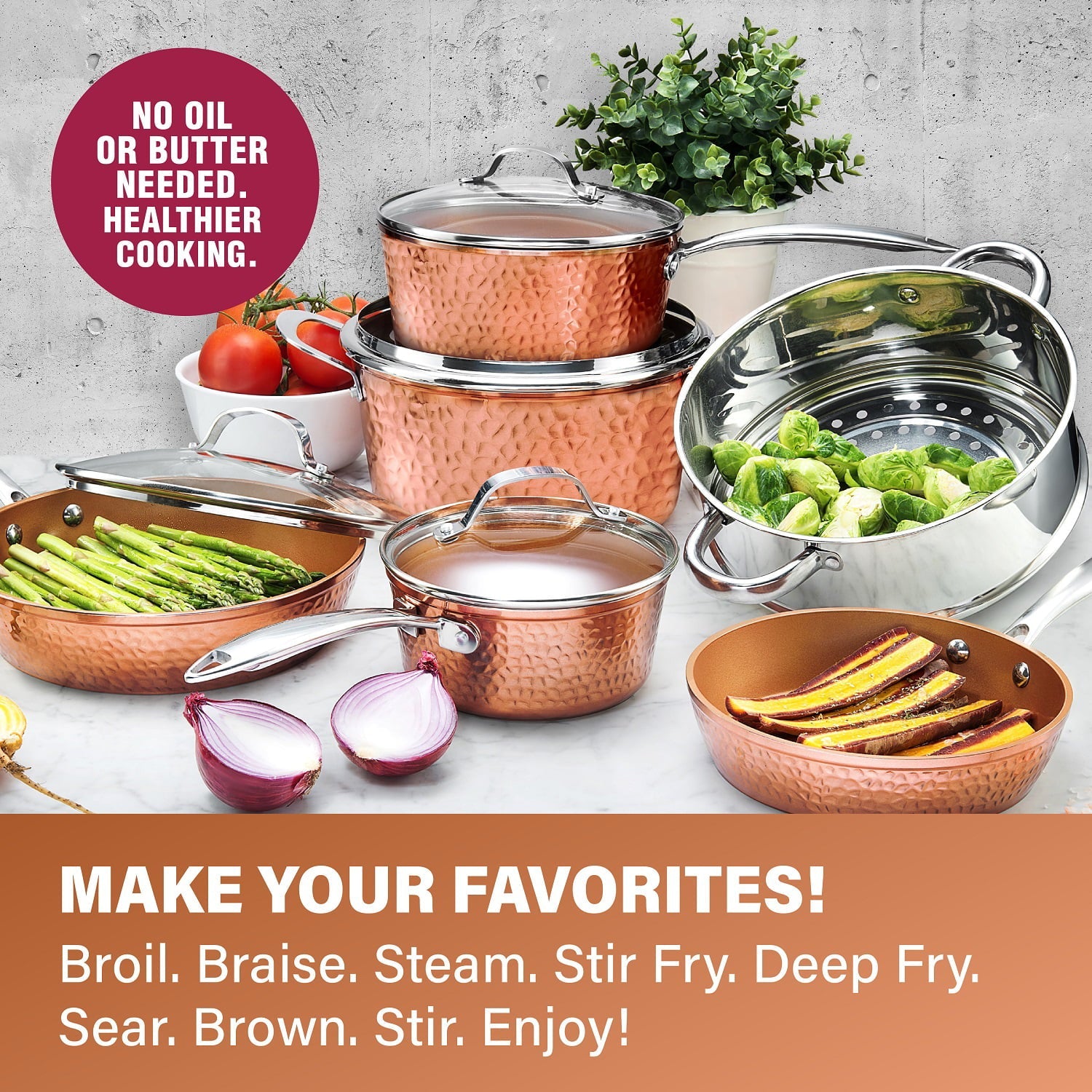 Gotham Steel Hammered 10 Piece Cookware Set, Oven Safe, Dishwasher Safe – Elegant Pots and Pans
