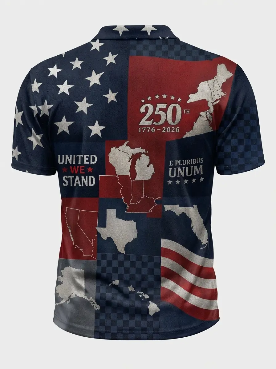 Moisture Wicking Golf Polo 3D United We Stand 250 US States Map Button Short Sleeve Golf Polo Shirt