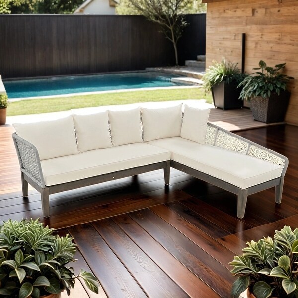 LShaped Outdoor Seating Group Sectional Sofa with Cushions Rope Waved Patio Sofa Set,Gray+Beige