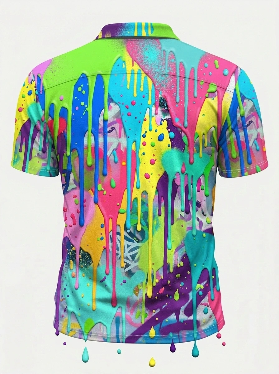 Moisture Wicking Golf Polo 3D Multicolor Paint Drip Button Short Sleeve Golf Polo Shirt