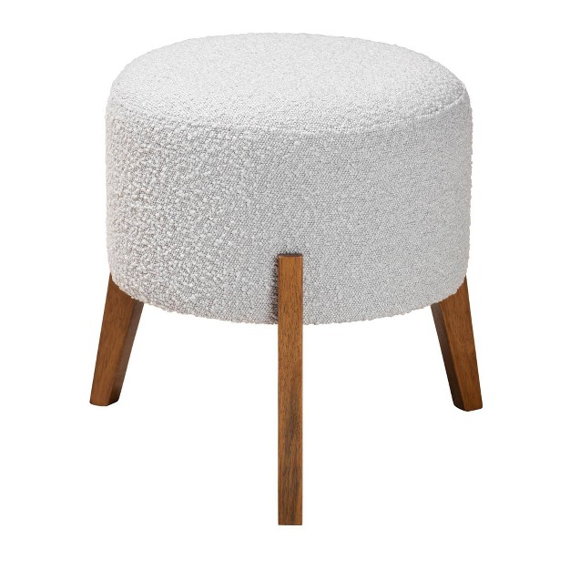 Elkie Fabric And Wood Ottoman Footstool Light Gray walnut Brown Baxton Studio