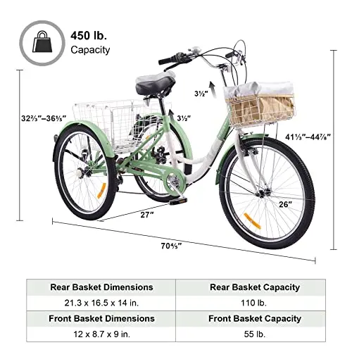 Viribus 7-Speed Adult Tricycle – 24″ Wheels, Dual Baskets, Adjustable Seat, High-Carbon Steel Frame