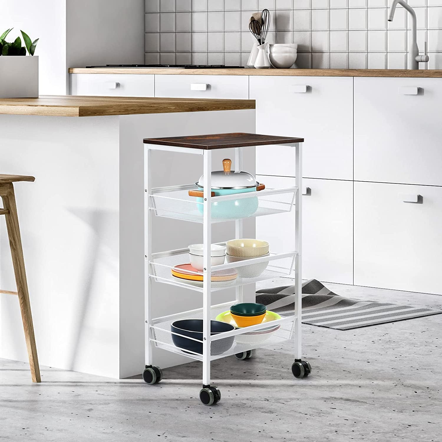 3 Tier Kitchen Storage Rack Cart with Lockable Wheels and Wood Top, White