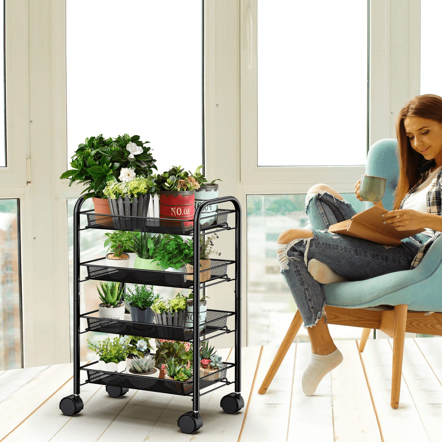 4 Tier Metal Mesh Rolling Utility Cart Storage Cart Kitchen Cart  for Home Kitchen Organizer, Black