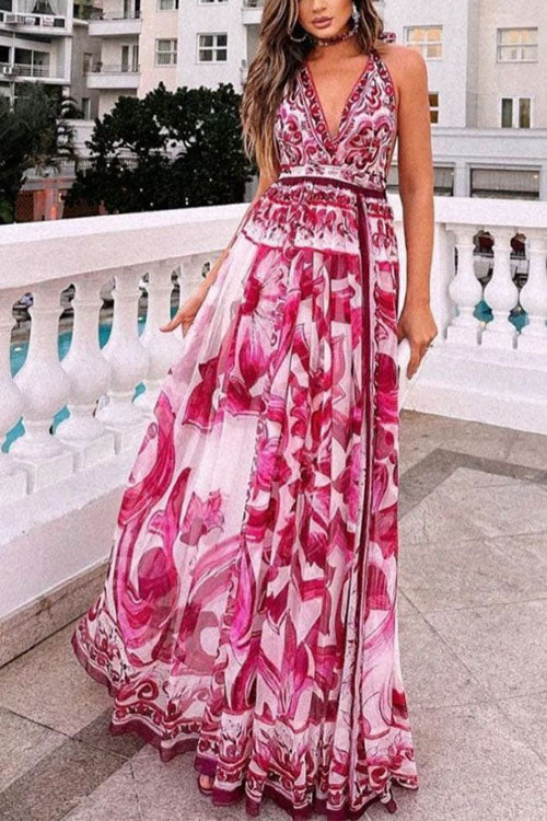 Bohemian Maxi Dress | Halter V Neck Open BackClistos