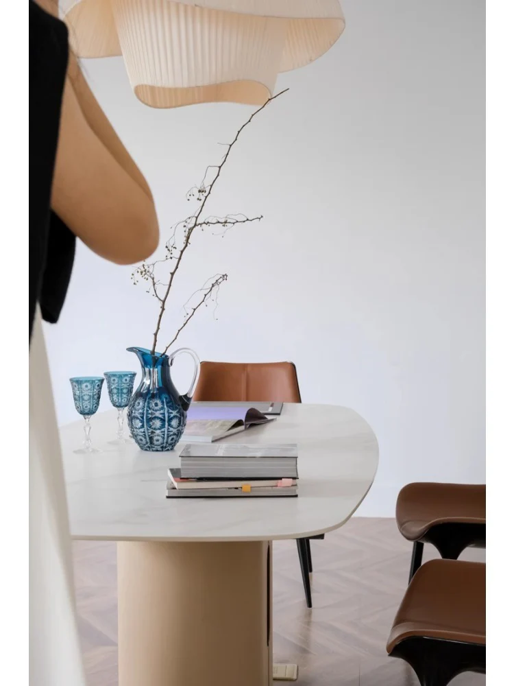 YA017 - New Chinese Living Room Long Table HERM@S Windbreaker Cream Marble Rock Table One Table Four Chairs Six Chairs