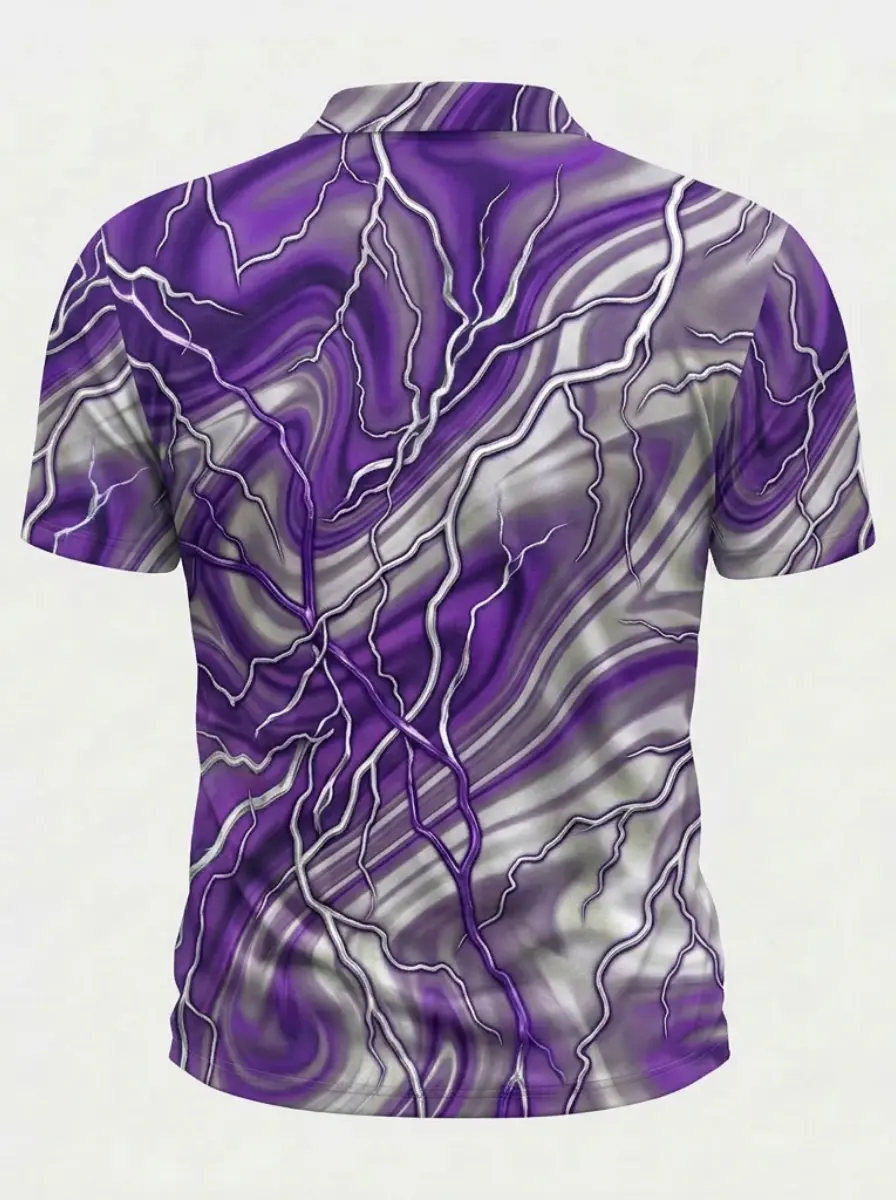 Moisture Wicking Golf Polo 3D Purple Silver Lightning Marble Pattern Button Short Sleeve Golf Polo Shirt
