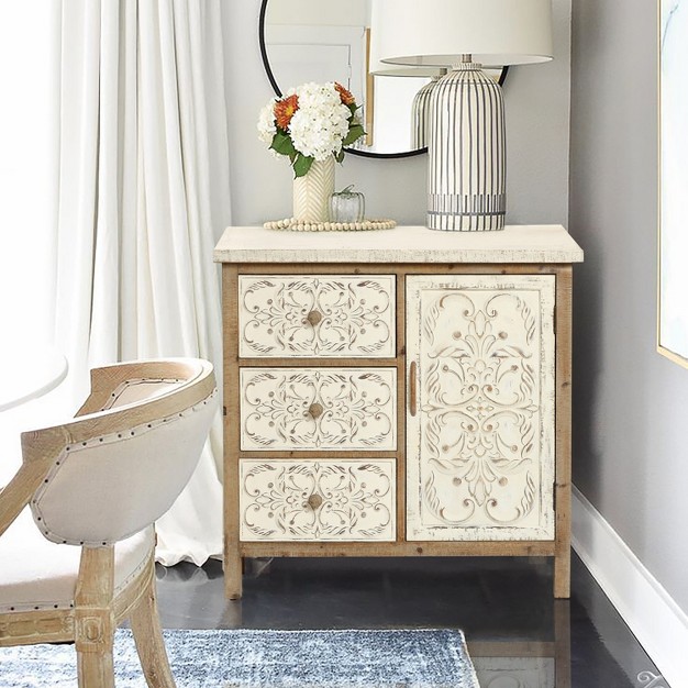 Luxenhome Rustic Floral Wood Floral 3 drawer 1 door Storage Chest And Cabinet Brown