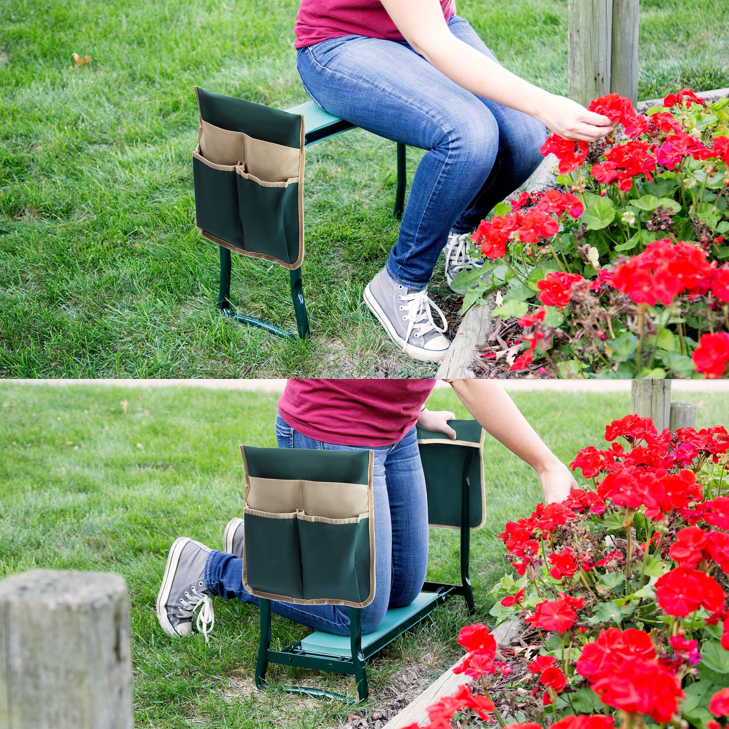 Pure Garden Kneeler Bench – Foldable Stool with 2 Tool Pouches (Green)