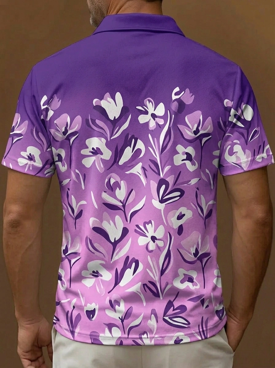 Purple Pink Gradient Abstract Floral Print Short Sleeve Golf Polo Shirt