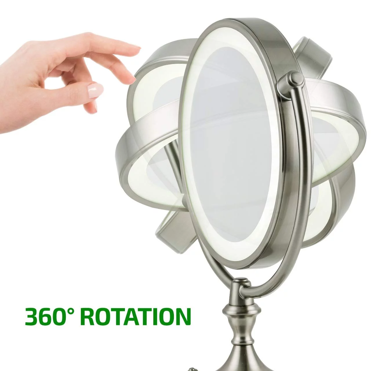 Ovente Lighted Makeup Mirror Tabletop 9.5 Inch 1X 5X Magnifier Dimmable 360 Degree Double Sided Spinning LED Acrylic Edge Battery USB Powered Vanity Skin Care Circle Large Nickel Brushed MGT95BR1X5X
