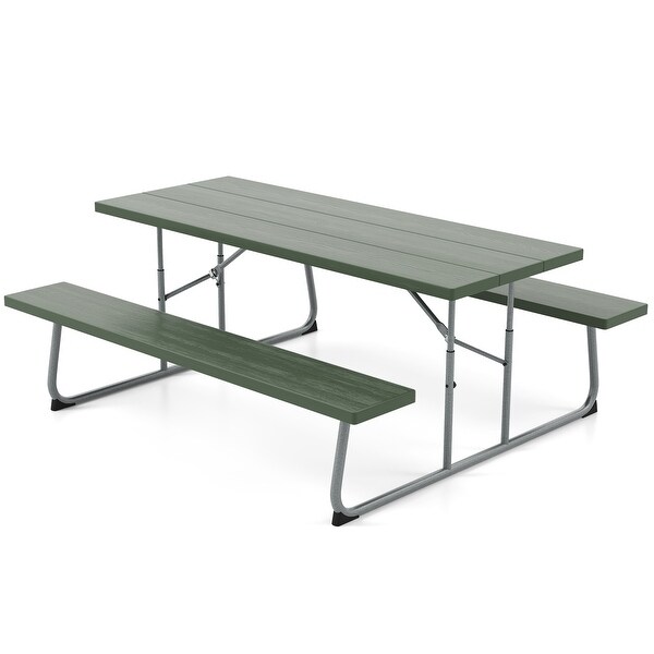 Folding Picnic Table Set with Metal Frame and AllWeather HDPE Tabletop,Umbrella Hole