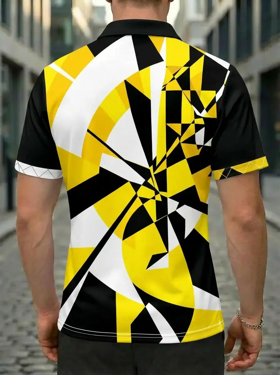 Moisture Wicking Golf Polo 3D Yellow Black White Geometric Abstract Button Short Sleeve Golf Polo Shirt